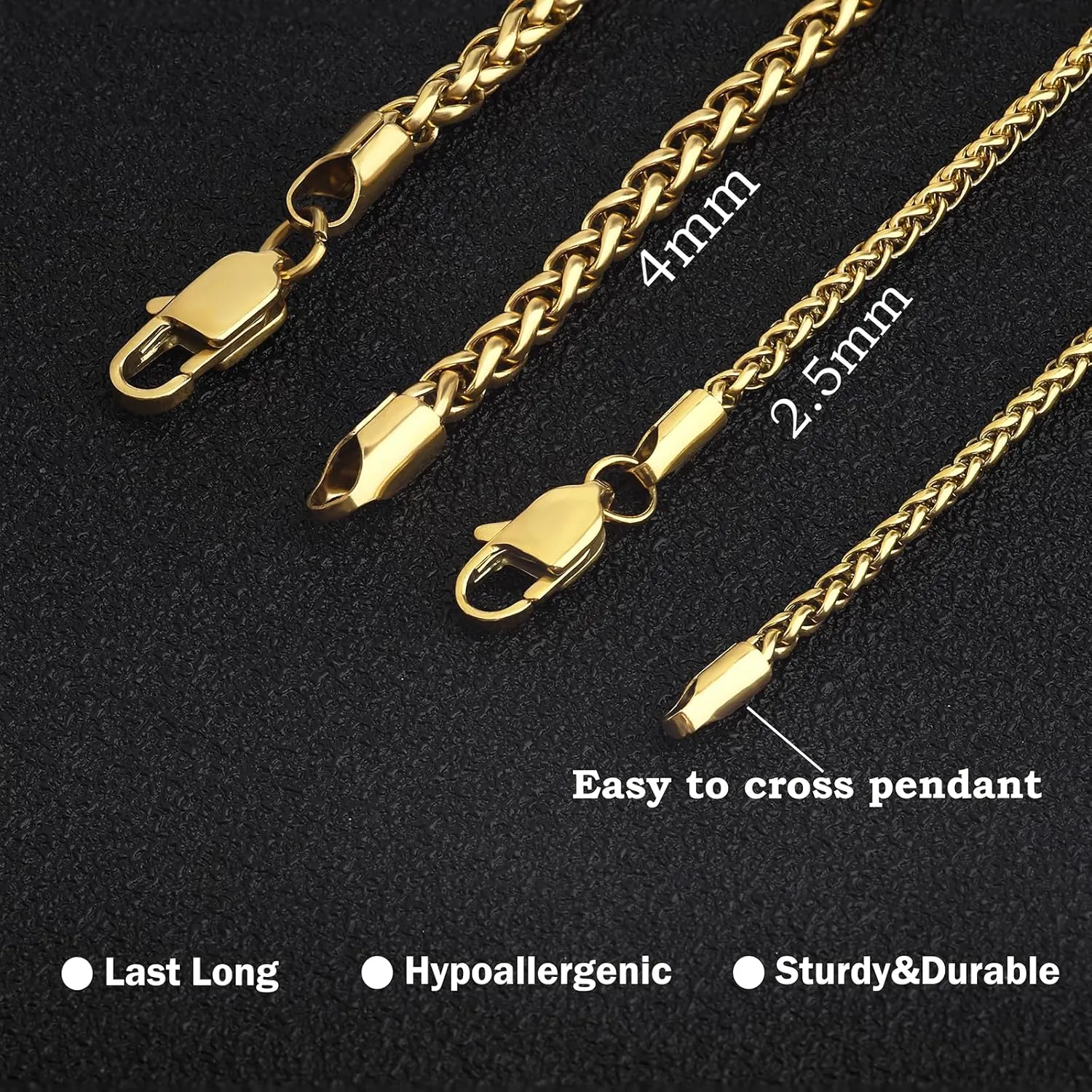 2.5mm/4mm Gold Wheat Chain for Men Women, Mens Stainless Steel Chain Necklace Jewelry, 16-26 Inches