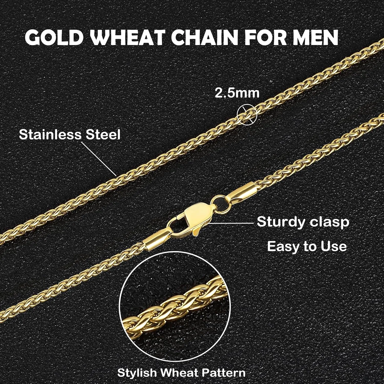 2.5mm/4mm Gold Wheat Chain for Men Women, Mens Stainless Steel Chain Necklace Jewelry, 16-26 Inches