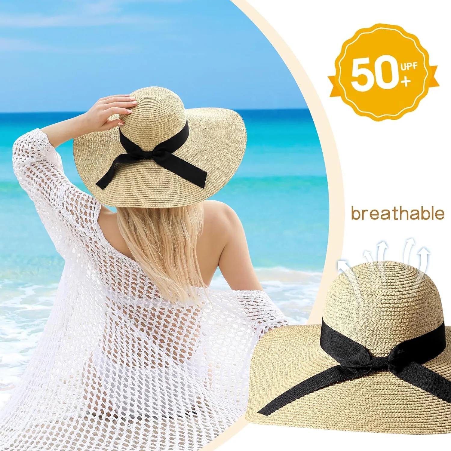 Beach Hat for Women, Wide Brim Sun Straw Hats for Women, Sun Hat Womens UPF 50  UV Protection, Floppy Foldable Summer Hats