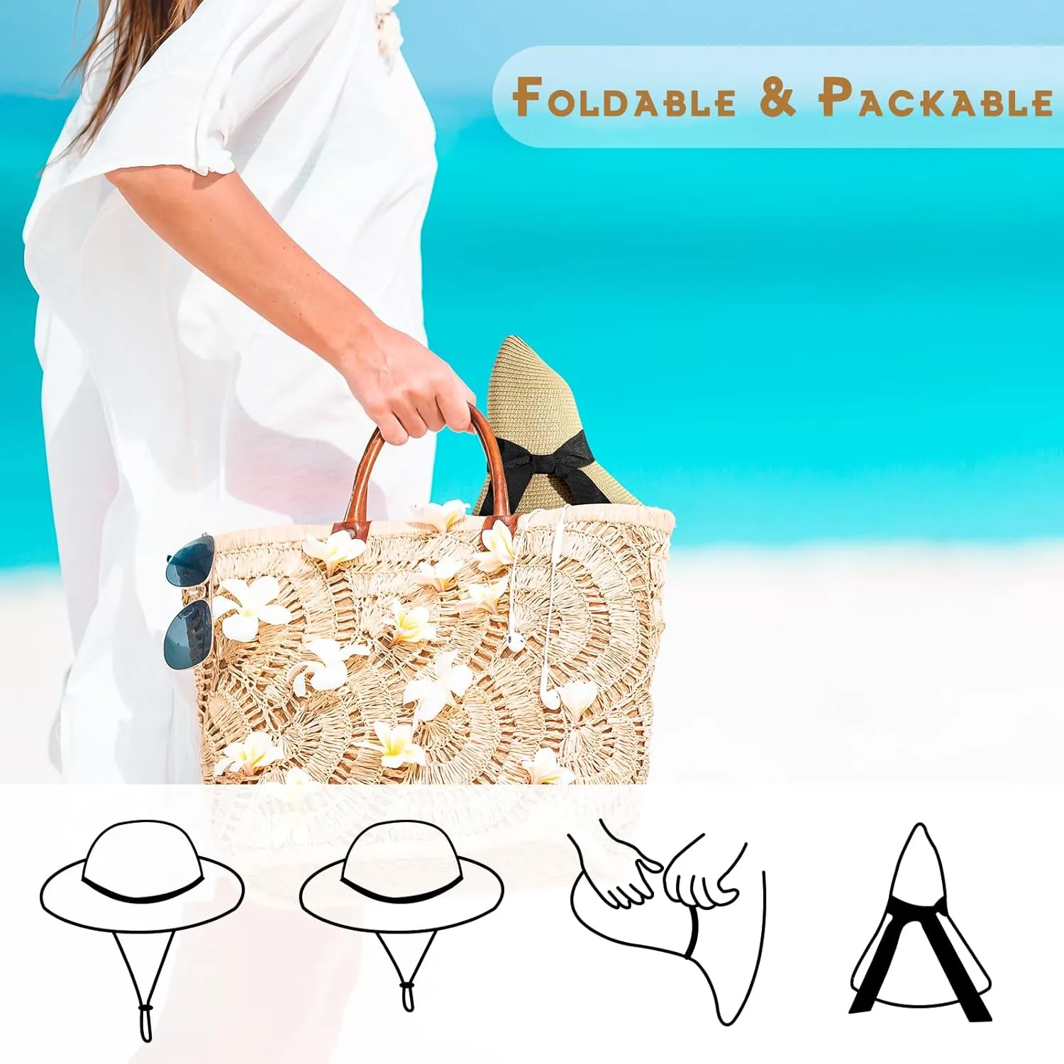 Beach Hat for Women, Wide Brim Sun Straw Hats for Women, Sun Hat Womens UPF 50  UV Protection, Floppy Foldable Summer Hats