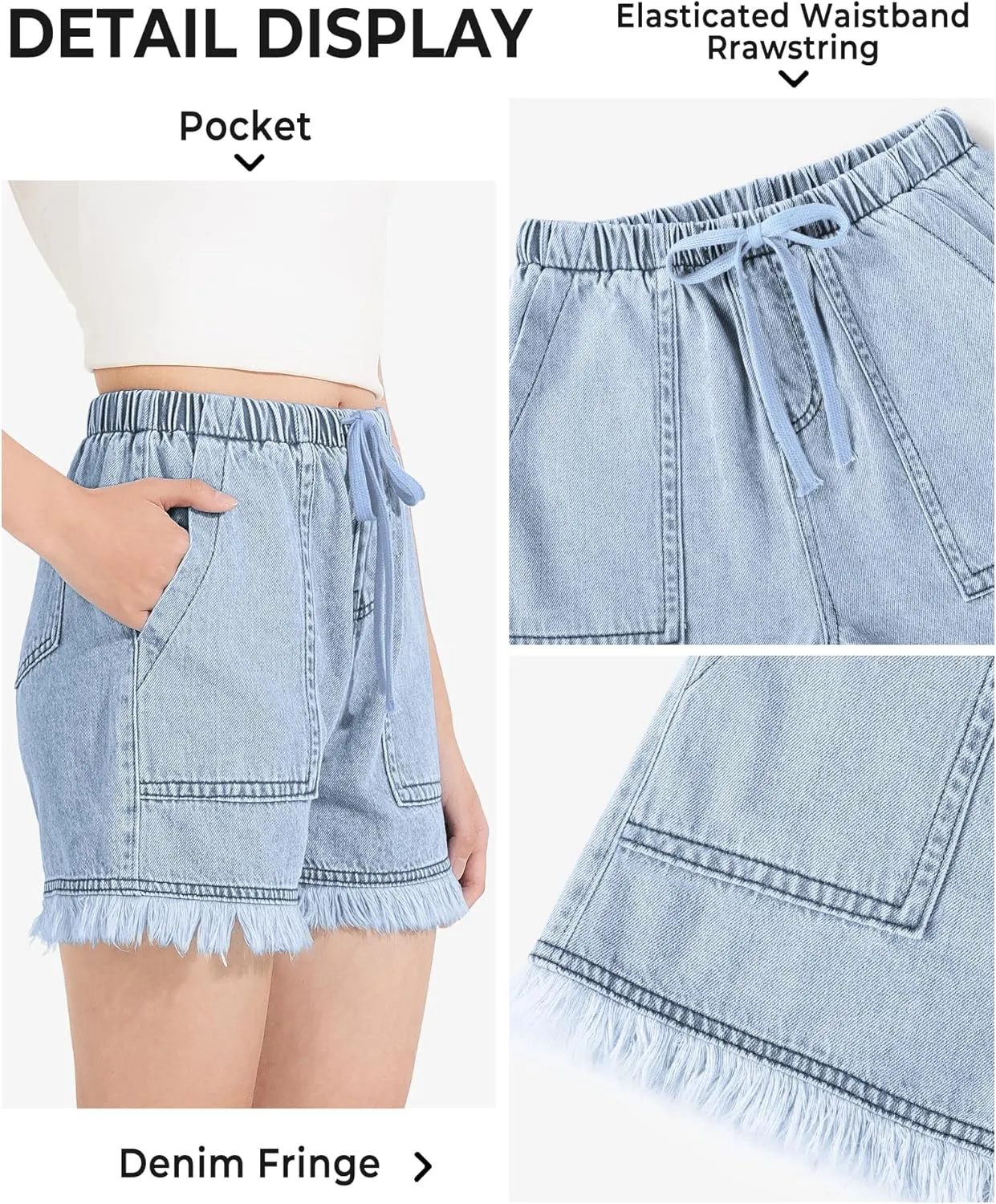 BOOPH Little Girls Jean Shorts Denim Elastic Waist Drawstring Shorty Shorts for Teen Girls