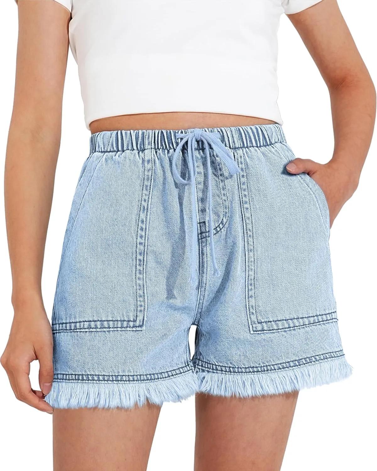 BOOPH Little Girls Jean Shorts Denim Elastic Waist Drawstring Shorty Shorts for Teen Girls