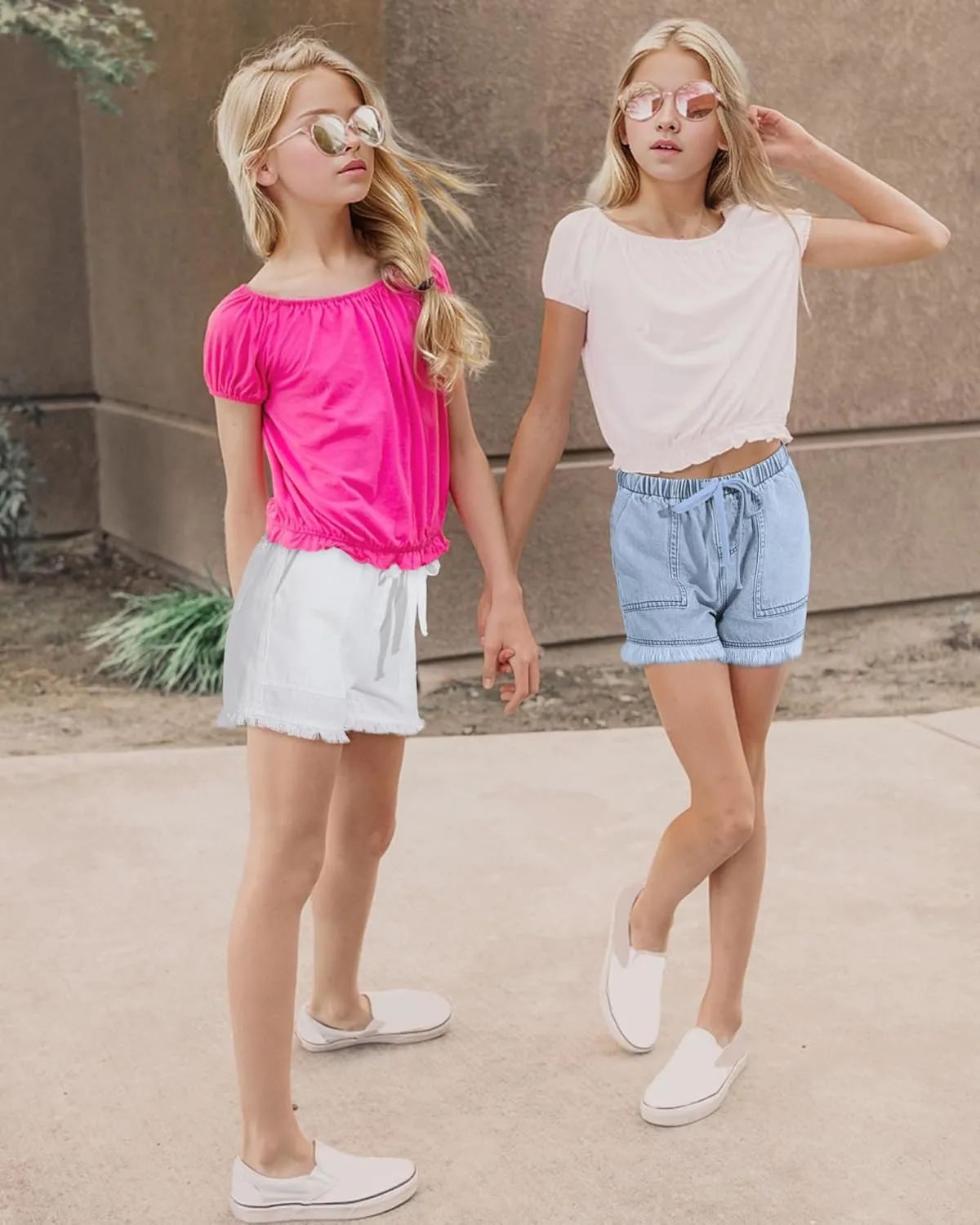 BOOPH Little Girls Jean Shorts Denim Elastic Waist Drawstring Shorty Shorts for Teen Girls