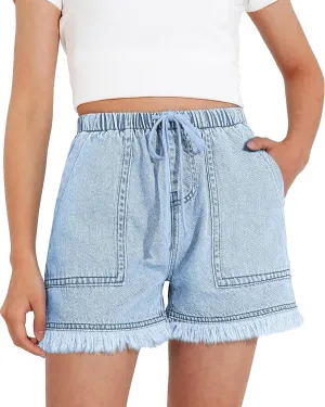 BOOPH Little Girls Jean Shorts Denim Elastic Waist Drawstring Shorty Shorts for Teen Girls