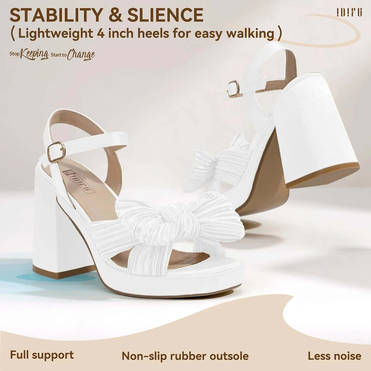 IDIFU IN4 Platform Chunky Block High Bow Heels Square Open Toe Slingback Heeled Sandals Bride Bridesmaid Wedding Bridal Prom Dress Shoes Comfortable Dressy Cute Ankle Strap Thick Heels