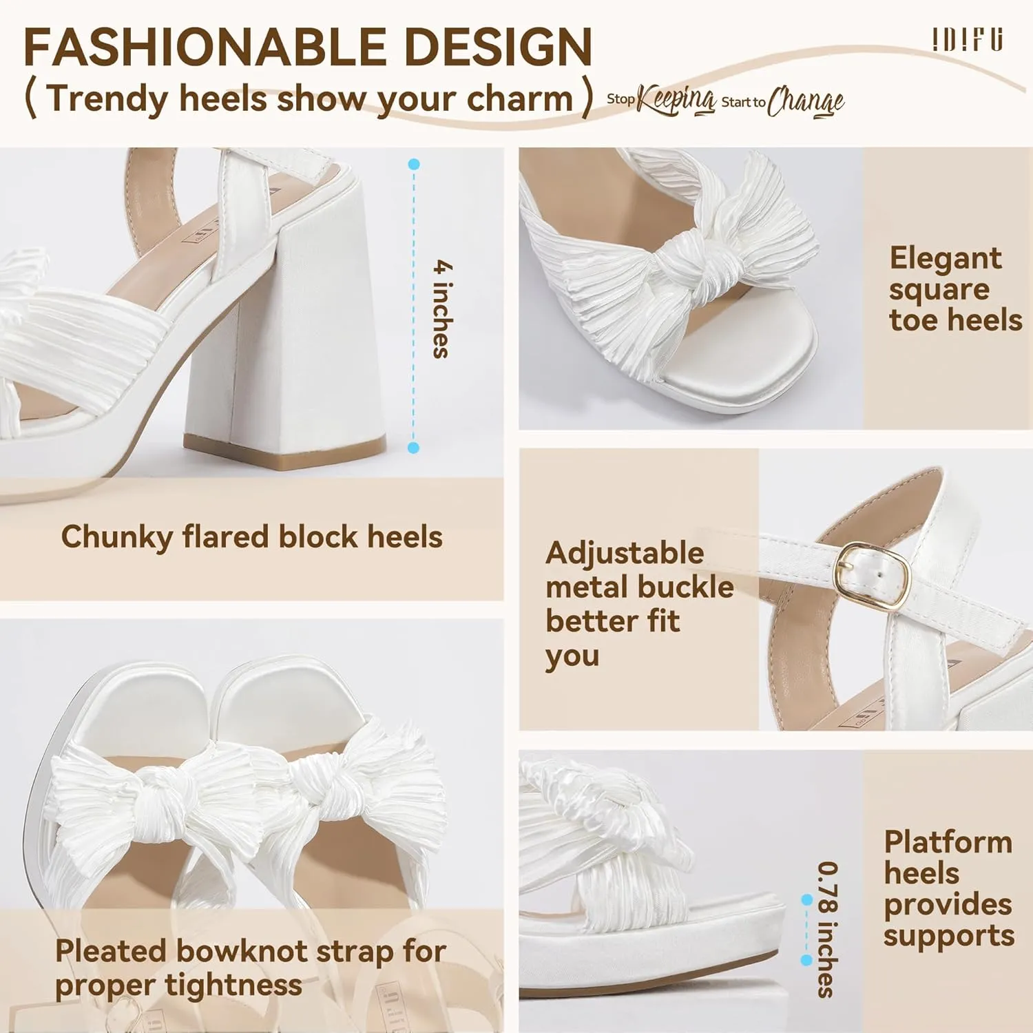 IDIFU IN4 Platform Chunky Block High Bow Heels Square Open Toe Slingback Heeled Sandals Bride Bridesmaid Wedding Bridal Prom Dress Shoes Comfortable Dressy Cute Ankle Strap Thick Heels