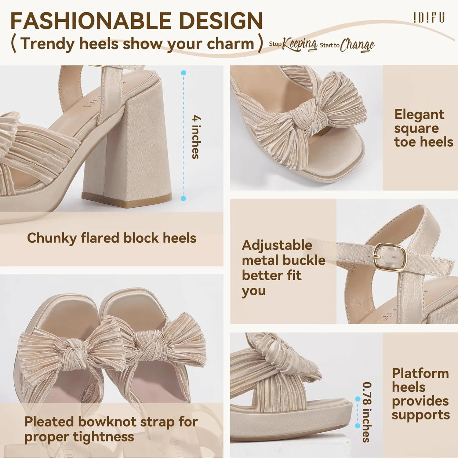 IDIFU IN4 Platform Chunky Block High Bow Heels Square Open Toe Slingback Heeled Sandals Bride Bridesmaid Wedding Bridal Prom Dress Shoes Comfortable Dressy Cute Ankle Strap Thick Heels
