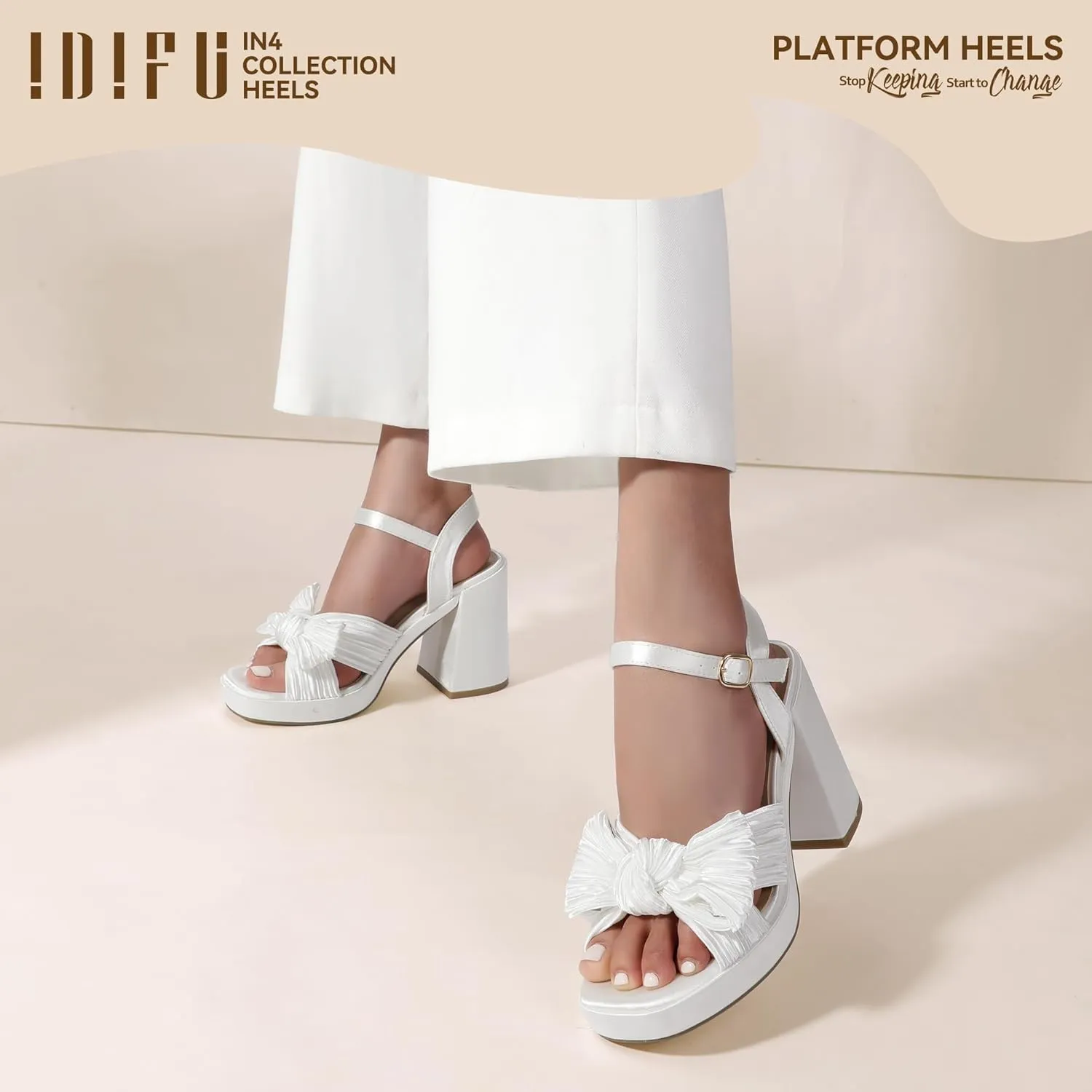 IDIFU IN4 Platform Chunky Block High Bow Heels Square Open Toe Slingback Heeled Sandals Bride Bridesmaid Wedding Bridal Prom Dress Shoes Comfortable Dressy Cute Ankle Strap Thick Heels