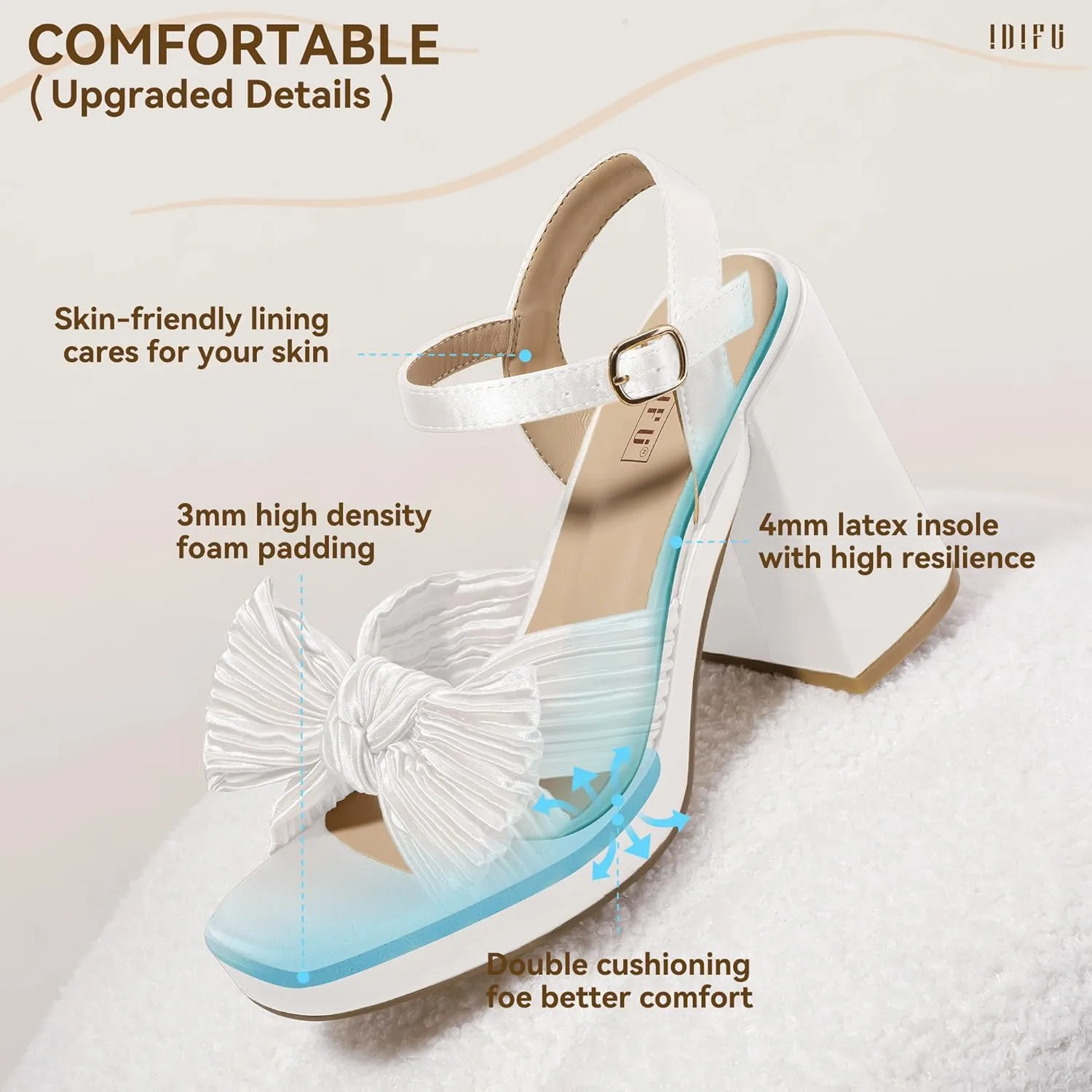 IDIFU IN4 Platform Chunky Block High Bow Heels Square Open Toe Slingback Heeled Sandals Bride Bridesmaid Wedding Bridal Prom Dress Shoes Comfortable Dressy Cute Ankle Strap Thick Heels
