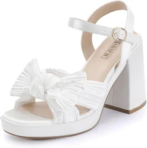 IDIFU IN4 Platform Chunky Block High Bow Heels Square Open Toe Slingback Heeled Sandals Bride Bridesmaid Wedding Bridal Prom Dress Shoes Comfortable Dressy Cute Ankle Strap Thick Heels