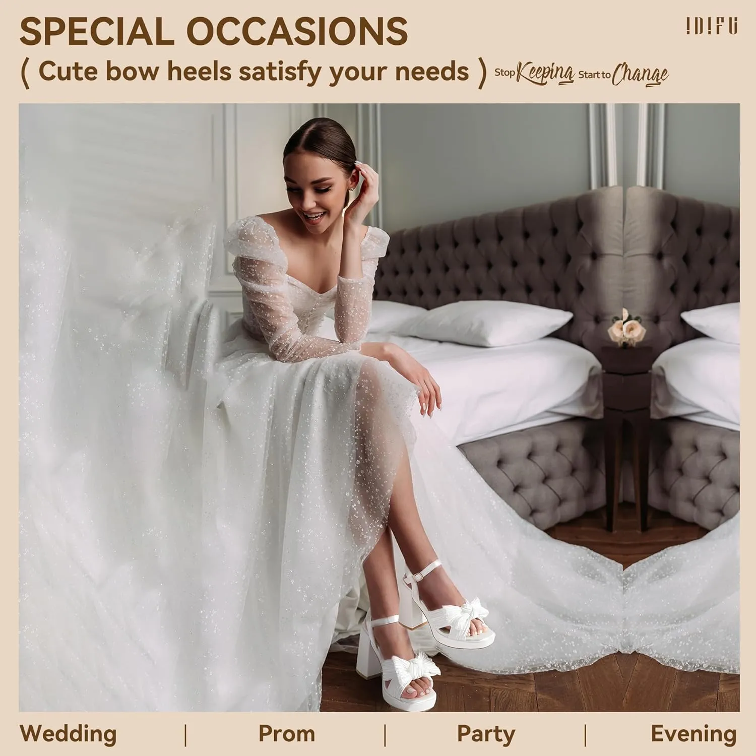 IDIFU IN4 Platform Chunky Block High Bow Heels Square Open Toe Slingback Heeled Sandals Bride Bridesmaid Wedding Bridal Prom Dress Shoes Comfortable Dressy Cute Ankle Strap Thick Heels