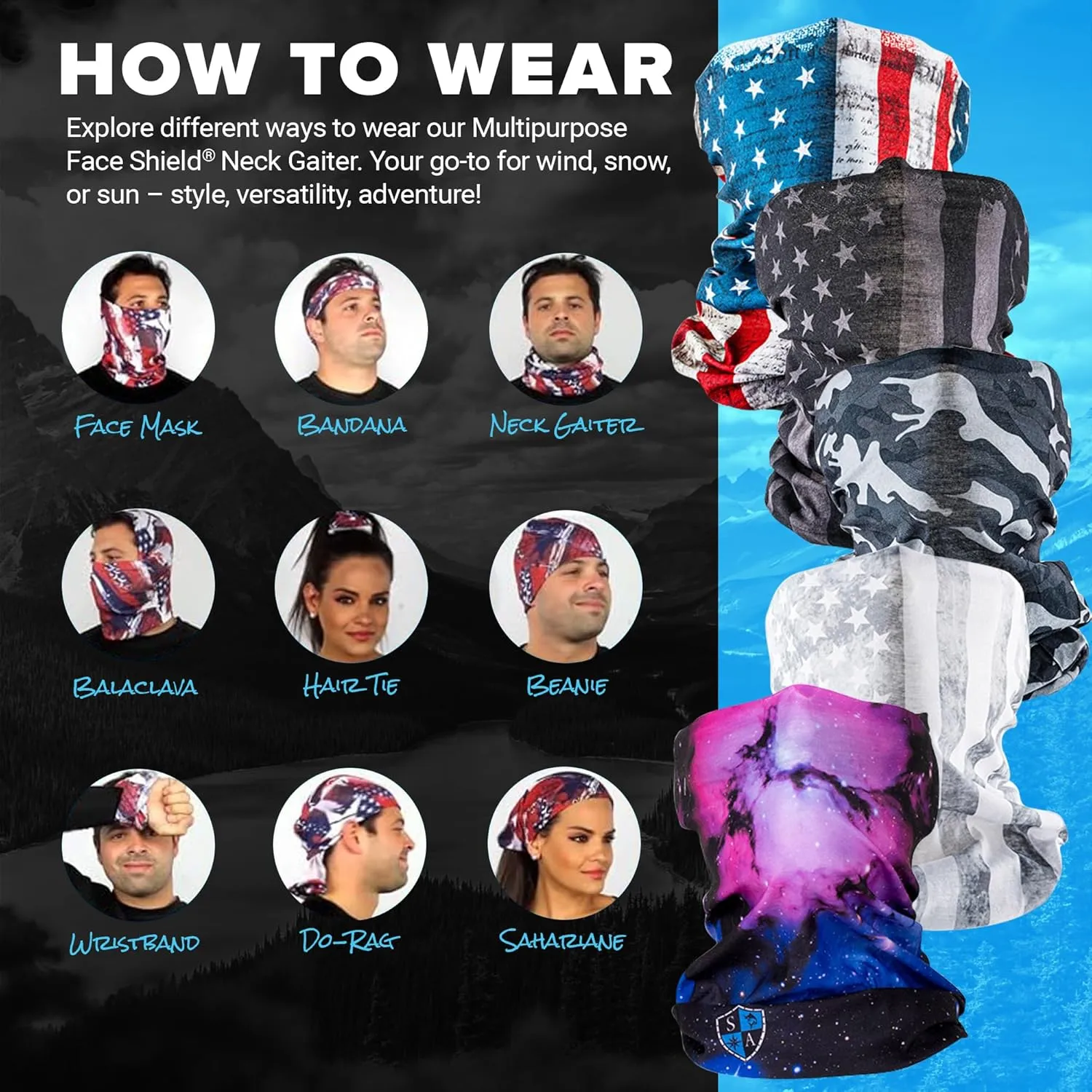 S A Company 5-Pack UV Face Shield | UV 30  Multipurpose Neck Gaiter Balaclava for Adults
