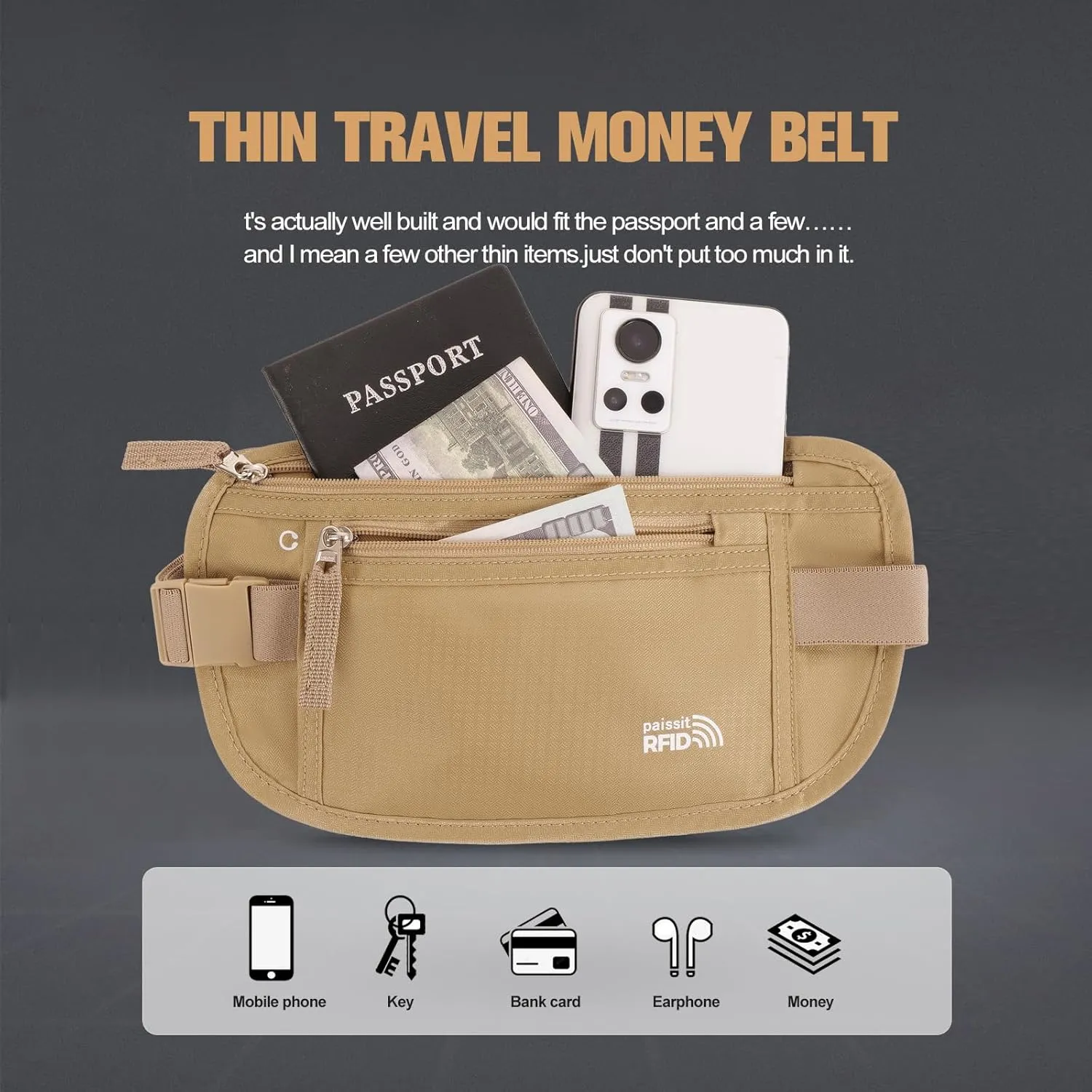 Small Unisex Money Belt For Men and Women, Slim Passport Holder RFID Blocking Travel Essentials Pouch with Adjustable Strap Small Waist Pouch for Workout Running Travelling Hiking(Beige)