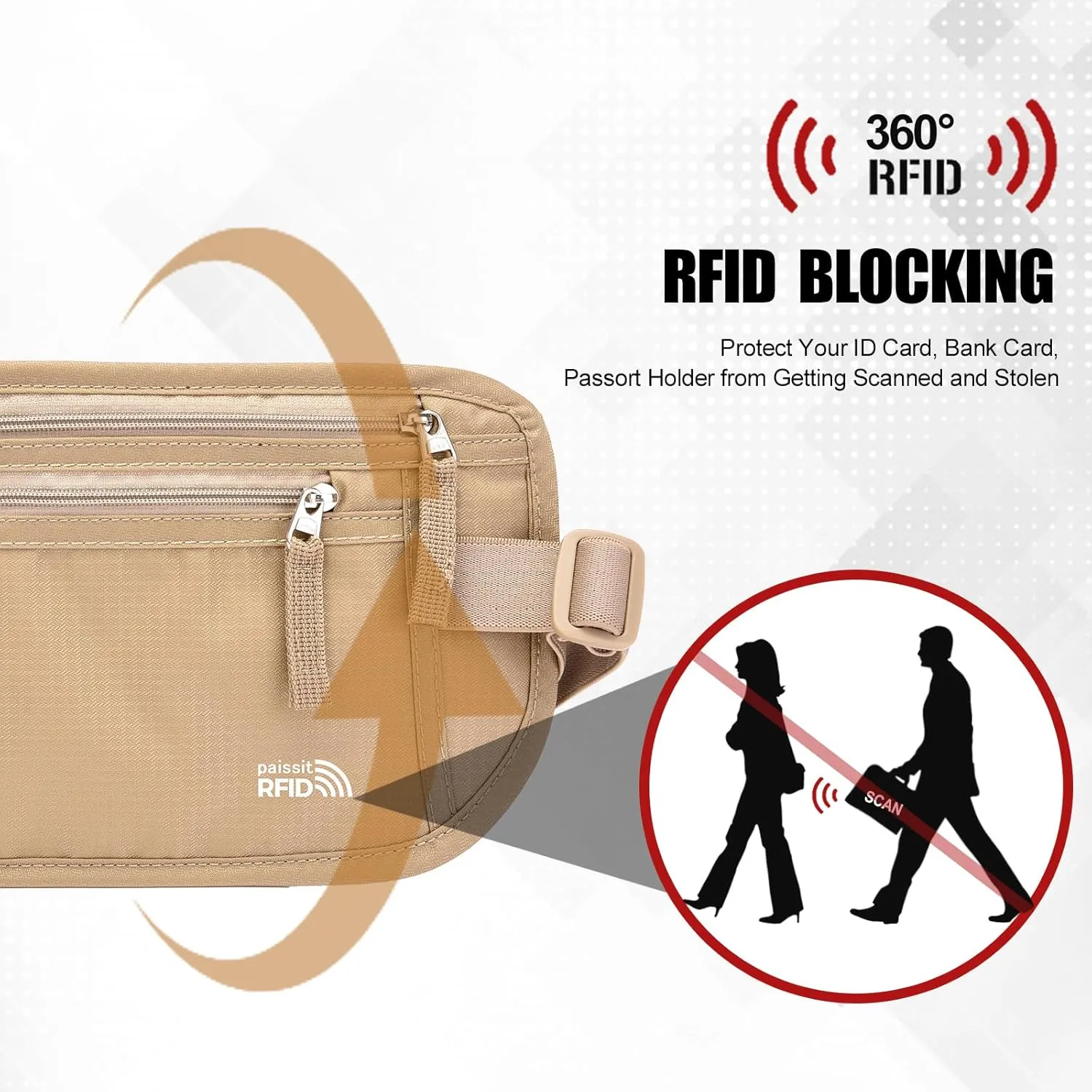 Small Unisex Money Belt For Men and Women, Slim Passport Holder RFID Blocking Travel Essentials Pouch with Adjustable Strap Small Waist Pouch for Workout Running Travelling Hiking(Beige)