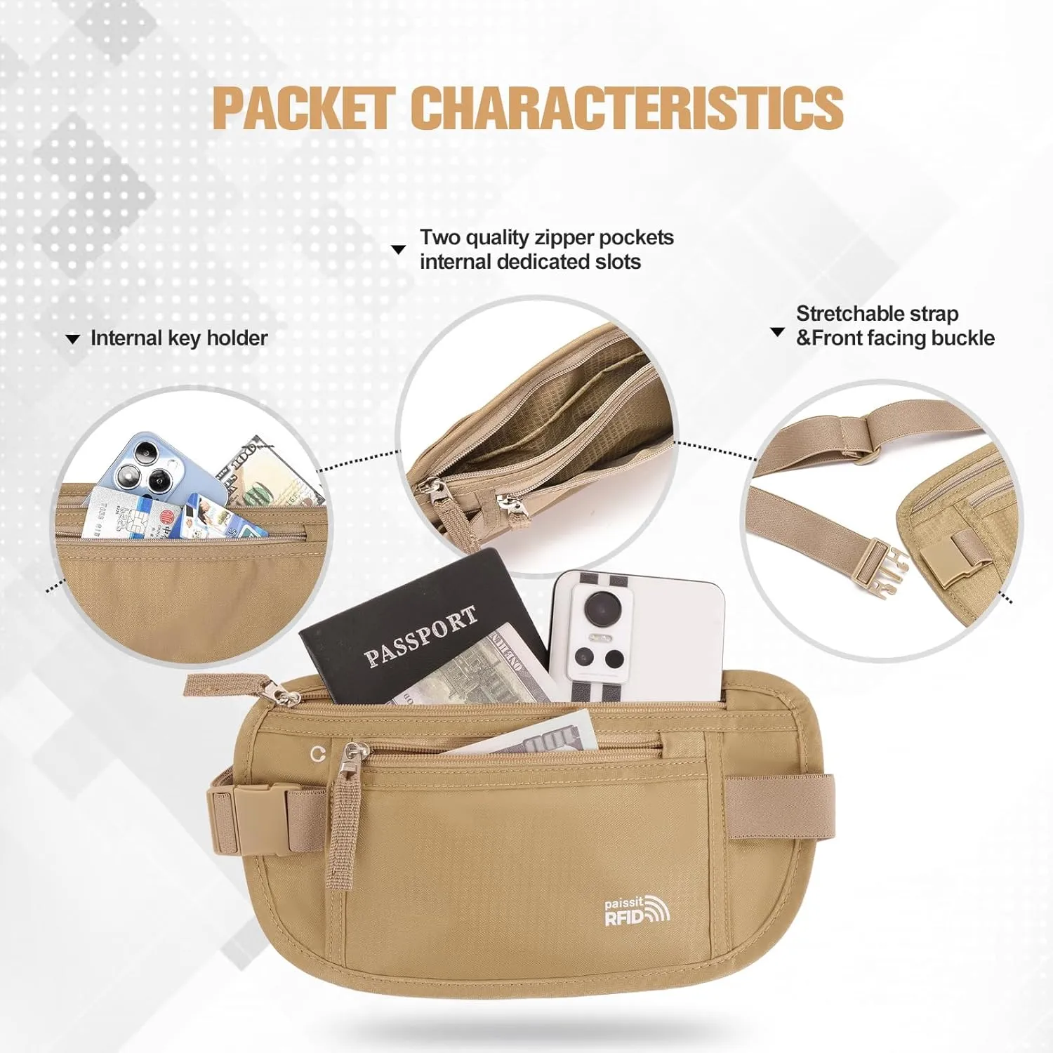 Small Unisex Money Belt For Men and Women, Slim Passport Holder RFID Blocking Travel Essentials Pouch with Adjustable Strap Small Waist Pouch for Workout Running Travelling Hiking(Beige)