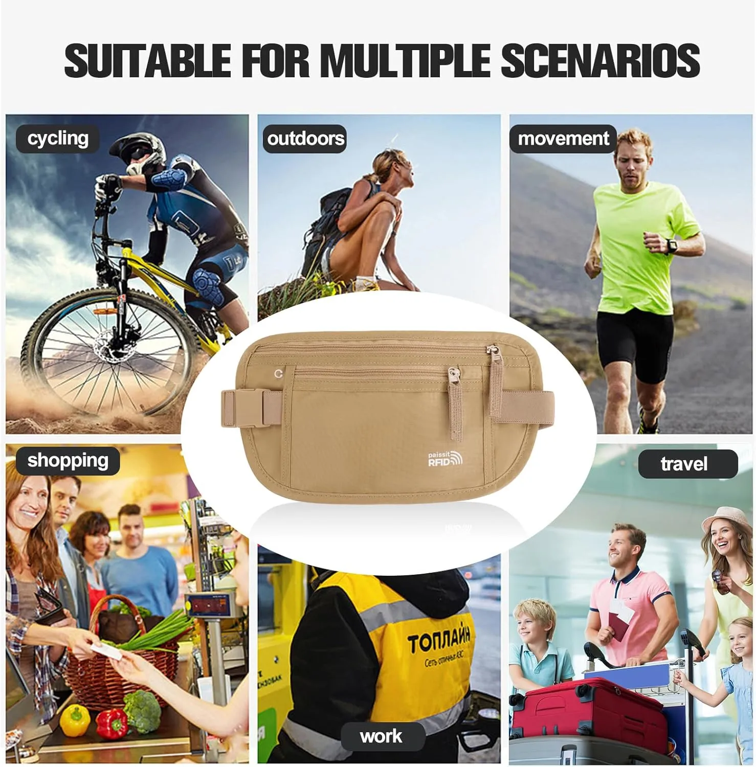 Small Unisex Money Belt For Men and Women, Slim Passport Holder RFID Blocking Travel Essentials Pouch with Adjustable Strap Small Waist Pouch for Workout Running Travelling Hiking(Beige)